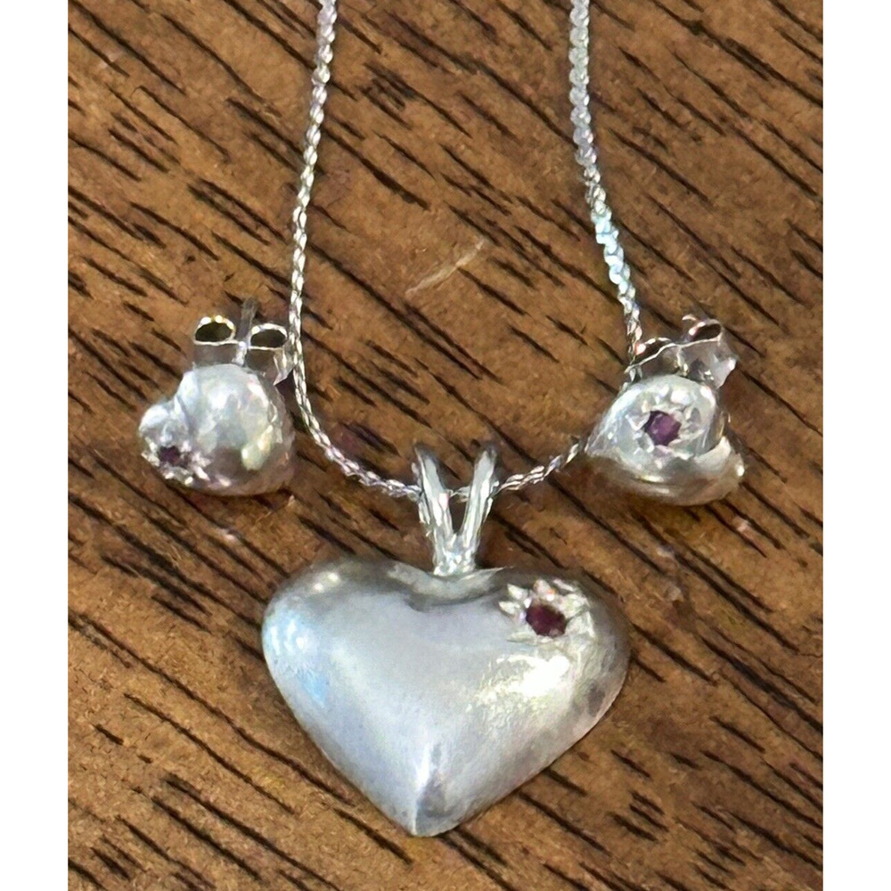 VTG MCM Sterling Silver Heart Genuine Ruby Starburst Necklace Earring SET
